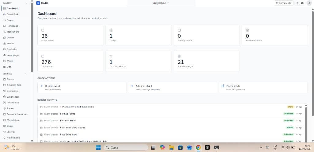 Stadlio admin dashboard for a destination - events, merchants, pages, and recent activity